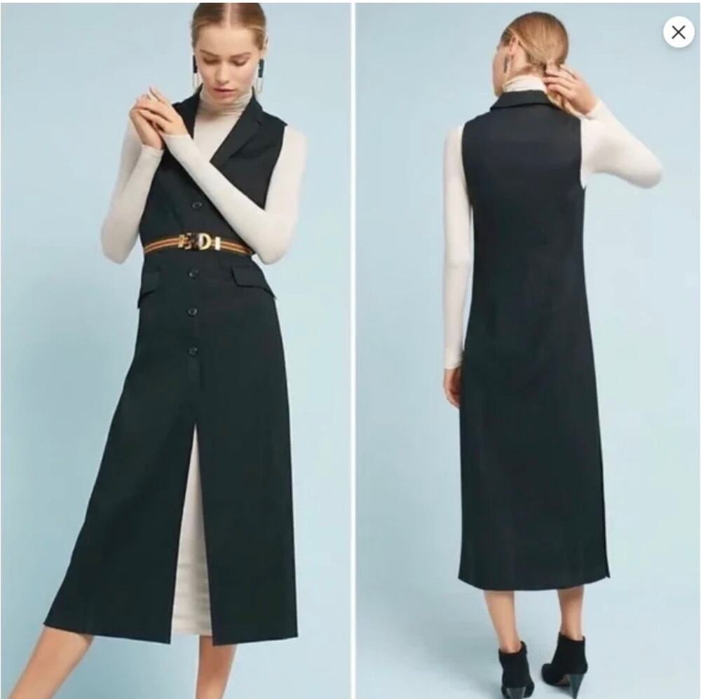 Anthropologie Cartonnier Black Linen Longline Duster Vest Size 4 Side Slit NWOT